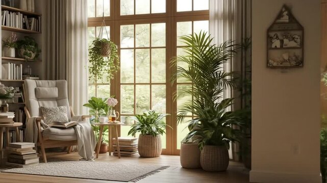 Cozy reading nook with armchair, plants, books, and outdoor view