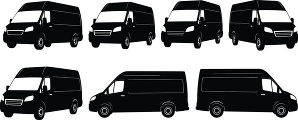 Cargo Van Silhouette Vector Set, Commercial Delivery Vehicle Icons in Various Angles, Transportation and Logistics Design for Fleet, Business, or Automotive Projects