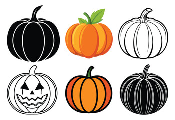 Pumpkins vector collection, symbol Halloween, autumn, crop, thanksgiving day, fruitful year silhouette on white background, Vector illustration