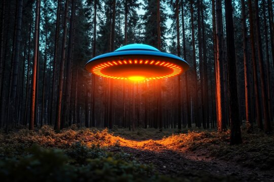 A UFO flying saucer in the middle of a forest at night