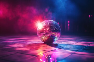 1980s retro disco ball shining colorful lights on dance floor