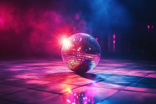 1980s retro disco ball shining colorful lights on dance floor - Powered by Adobe