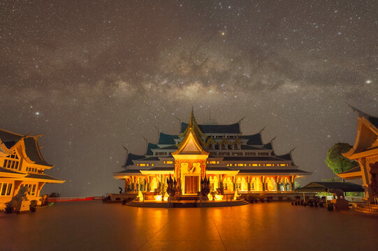 Wat Pa Phu Kon temple in the Na Yung-Nam Som National Forest Reserve illuminated at night, Udon Thani, Thailand