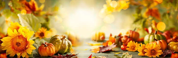 Beautiful fall scene with colorful pumpkins, autumn leaves and flowers. Thanksgiving or Halloween...