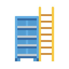 Stylized blue shelf with a golden ladder against a black background