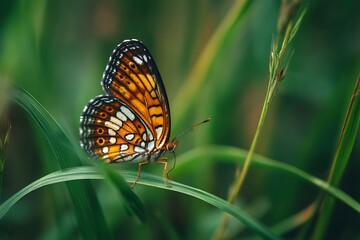 A close-up of a vibrant butterfly perched on green grass, capturing the beauty and details of its intricate wings in the natural habitat.