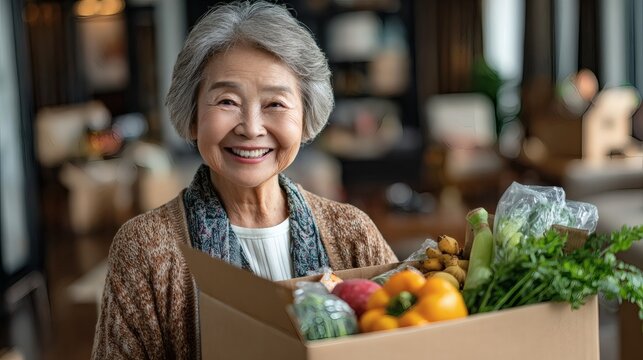 Elderly woman smiling with grocery basket filled with fresh greens, perfect for health themes Image 4K UHD