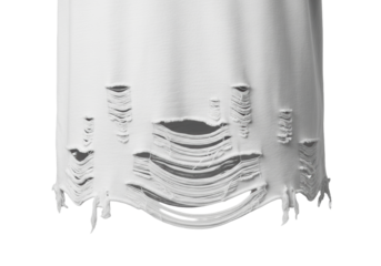 Close-up, plain t-shirt bottom hem with detailed shredded effect, multiple tears, irregular holes, distressed texture, visible fabric strands, isolated on clean transparent, product detail