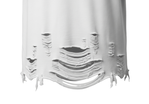 Close-up, plain t-shirt bottom hem with detailed shredded effect, multiple tears, irregular holes, distressed texture, visible fabric strands, isolated on clean transparent, product detail