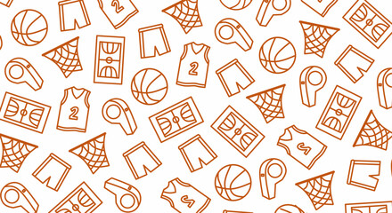 Basketball pattern with outline icons of balls courts jerseys shorts nets and whistles in orange line art style creating a sporty and dynamic design for fabric wallpaper and wrapping paper