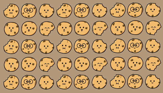 Cute chocolate chip cookie pattern with kawaii faces in cartoon style on brown background creating a playful and sweet design for fabric wallpaper and wrapping paper