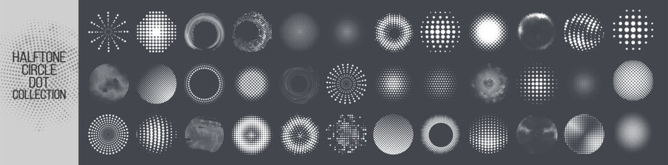 Halftone circle frame, round dotted pattern, geometric abstract background, vector design element, isolated icon, set of black dots, grunge circular border on transparent background