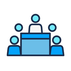 Icon illustration of group meeting around a table, in bright blue tones