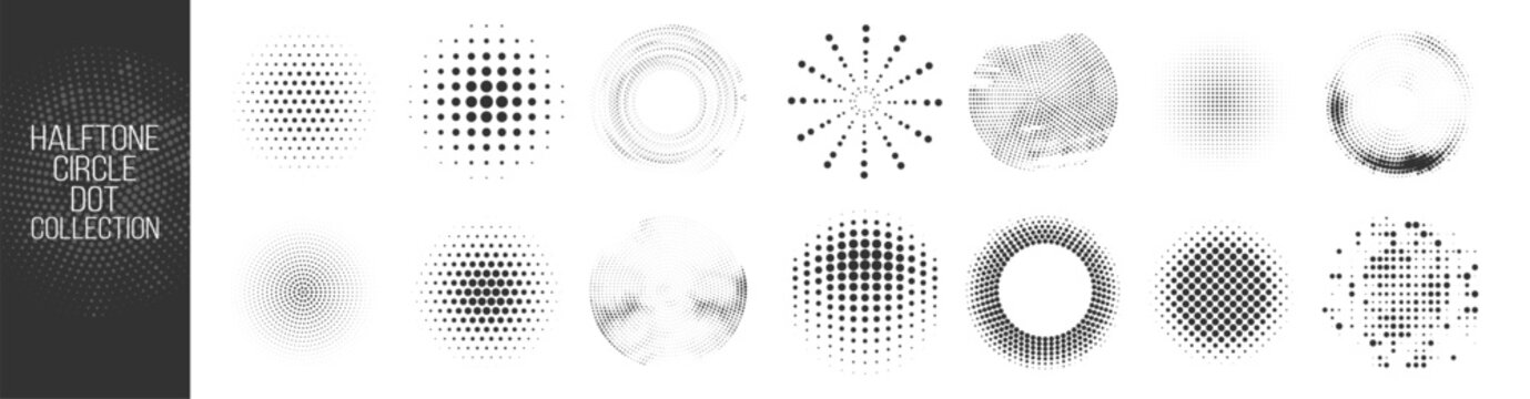Halftone circle frame, round dotted pattern, geometric abstract background, vector design element, isolated icon, set of black dots, grunge circular border on transparent background