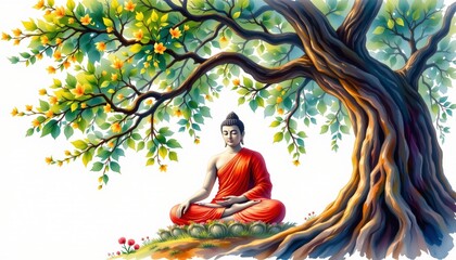 watercolor painting of gautama buddha under the bodhi tree from from below with devotional fervor, indian sacred literary theme, white background