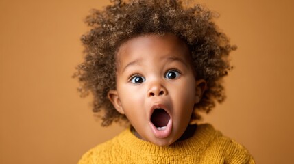 An expressive toddler with big eyes and curly hair exclaims in surprise, radiating innocence and curiosity while against a warm-toned background, encapsulating childhood wonder.
