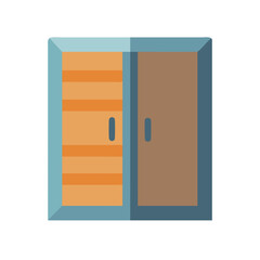 Flat design cabinet with two doors, one wooden and one with shelves