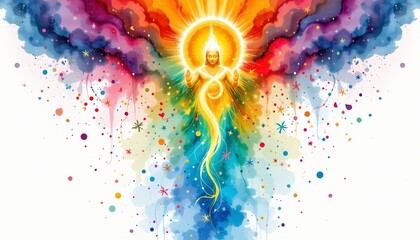 watercolor painting of apana downward energy from overhead divine view with vibrant hues, indian sacred literary theme, white background, no text