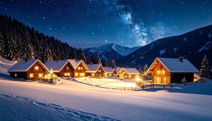 Snowy Alpine Village Night.