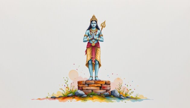 watercolor painting of vitthala standing on a brick in a unique pose in a unique pose from intimate detail with earthly connection