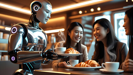 Futuristic Robot Serving Coffee and Pastries to Customers at a Modern Café