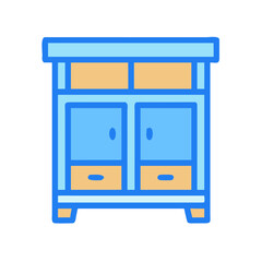 Modern blue and yellow cabinet featuring drawers and doors, on a black background.