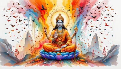 watercolor painting of bhakti devotion from from below with sacred symbolism, indian sacred literary theme, white background, no text, no logo