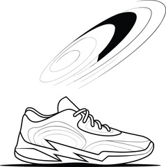 Dynamic sneaker illustration with lightning bolt side pattern, motion swoosh accent, curved line details, sporty footwear design, cad drawing flat vector illustration