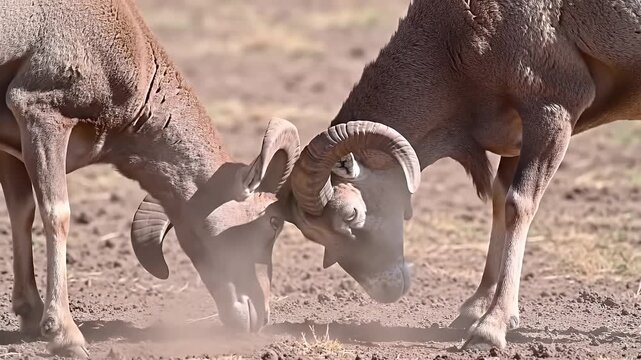 Two Brown Rams Headbutt in Dusty Outdoor Setting