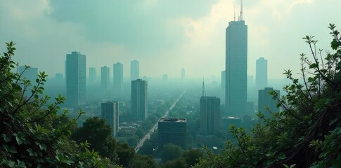 Fototapeta premium Dystopian Cityscape Desolate Metropolis Overgrown with Vines, Smog-Choked Skyscrapers Under a Perpetual Overcast