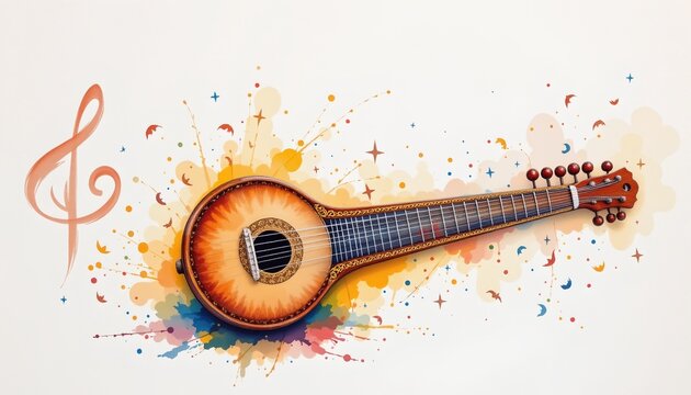 watercolor painting of veena strings from symmetrical balance with majestic presence, indian sacred literary theme, white background, no text
