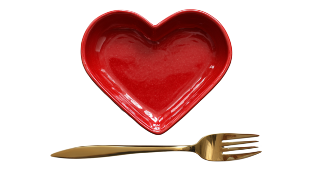 Shiny red heart shaped ceramic dish with a golden fork against a stark black background