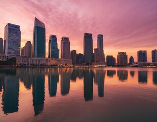 Obraz premium Modern City Skyline Reflected on Calm Waterfront at Sunset with Vibrant Purple and Orange Sky