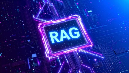 Top-down view of a sleek AI circuit board with animated light trails forming “RAG” text in the center, cyberpunk color palette, RAG, Retrieval Augmented Generation.