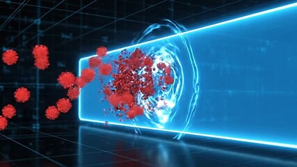 The image shows red spiky objects entering a blue light tunnel or portal - Powered by Adobe