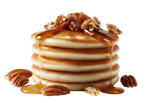 Delicious stack of fluffy pancakes drizzled with golden syrup and topped with crunchy pecans on a dark background