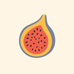 Bright and colorful vector illustration of a juicy ripe fig fruit slice with detailed seeds and vibrant pink flesh isolated on white, ideal for summer, tropical, and food design concepts
