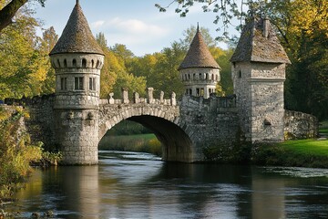 Fototapeta premium medieval bridge over a river with stone towers