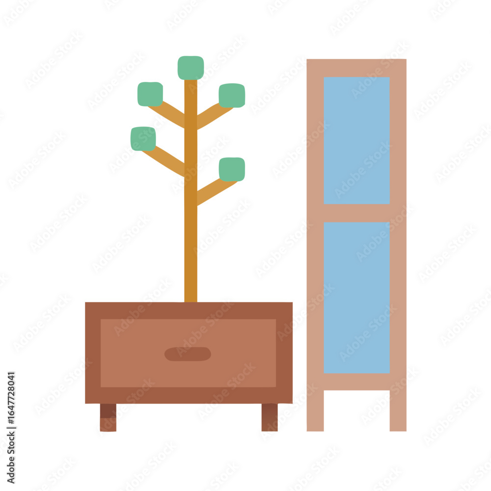 Poster minimalist flat design of a potted tree and a shelf on a black background