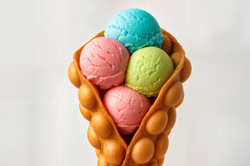 Irresistible bubble waffle cone filled with vibrant ice cream scoops, a delicious dessert delight. Featuring pink, green, and turquoise ice cream,