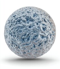 A sphere, textured like the moon's surface, in muted bluish-gray tones
