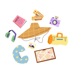Naklejka premium Vector set with travel items: passport, tickets, hat, map, bag, headphones, and camera. Perfect for vacation design, tourism projects, and trip backgrounds