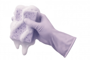 Purple-gloved hand gripping sudsy sponge against translucent backdrop