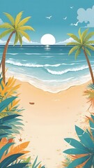 Obraz premium Tropical Paradise A serene beach scene with palm trees, gentle waves, and a vibrant sunset, evoking a sense of peace and vacation.