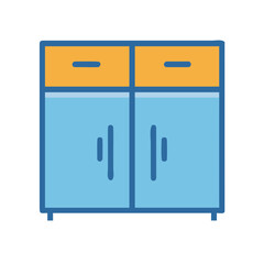 Blue and yellow cabinet with drawers and doors over black backdrop