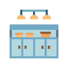 Stylized kitchen cabinet illustration with three lights above on a black background
