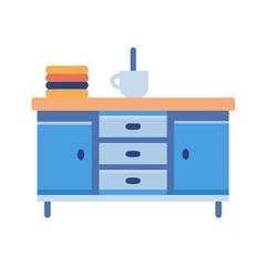 Stylized blue sideboard with stacks of towels and mug flat illustration