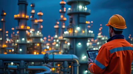 Fototapeta premium Engineer with tablet at plant, a professional with a digital tablet inspects an industrial chemical facility at dusk, symbolizing modern technology in industrial inspection.