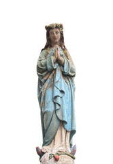 Antique wooden statue of the Virgin Mary praying, isolated on white background with clipping path