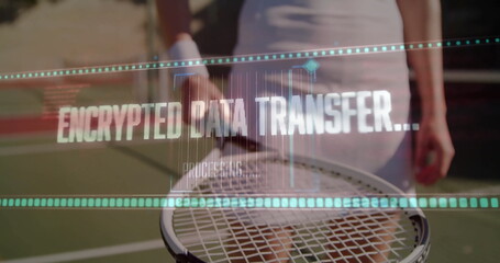 Tennis player wearing white holding racket on tennis court, showing ENCRYPTED DATA TRANSFER overlay